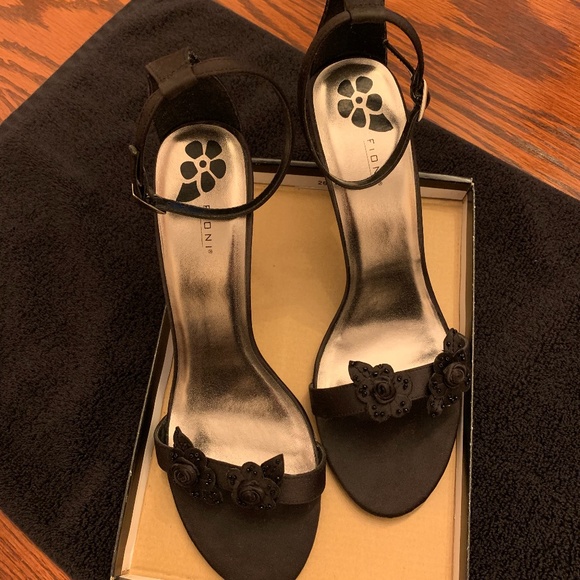 Shoes - Fioni 4” Black Satin Heels with Accent Flowers -Dress Sandals